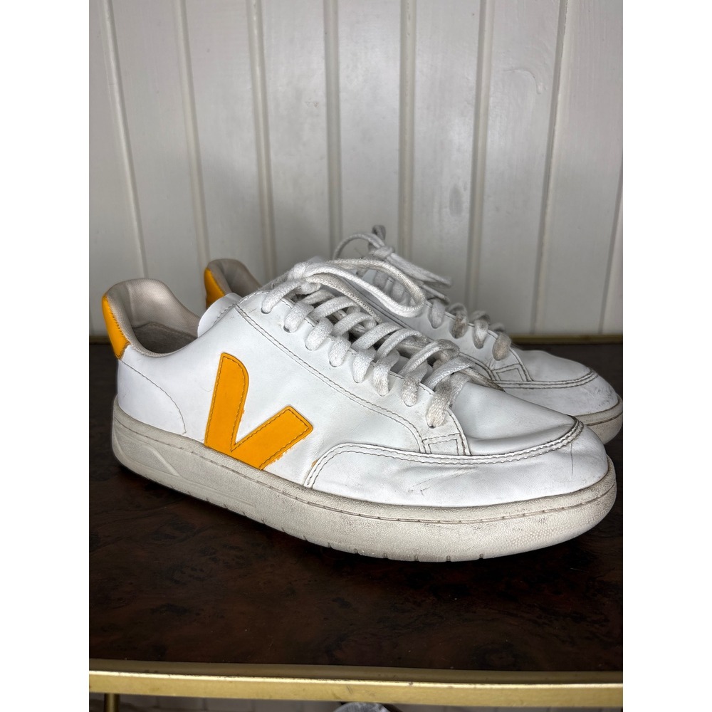 Veja V-12 Leather Sneakers White Yellow Orange Low Top Trainers Lace Up Womens